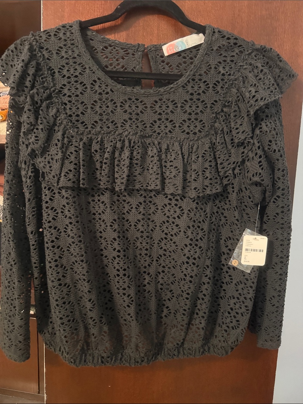 Free People Beach-NWT Black Woven Eyelet Ruffle Long-Sleeve Top sz Lg